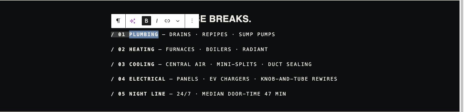 The block editor with a Numbered service rows pattern inserted, one row's heading being edited inline.