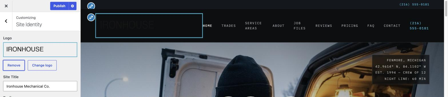 Customizer to Site Identity, with the Select logo button and an uploaded logo shown in the live preview.