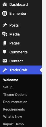 The Fieldcraft top-level menu in the wp-admin sidebar, showing its Welcome, Setup, Theme Options, Documentation, Requirements and What's New subpages.