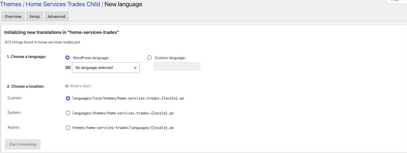 Loco Translate's Fieldcraft screen with the New language dialog open.