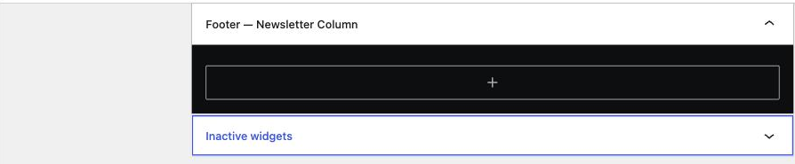 Appearance to Widgets, showing the Footer — Newsletter Column widget area.