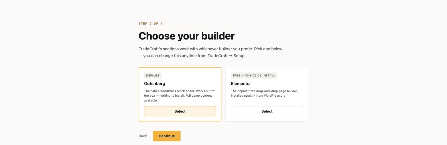 The Choose Your Builder screen, showing the Gutenberg (Default) and Elementor (free, one-click install) cards.