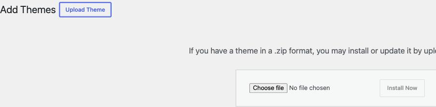Appearance to Themes to Add New, with the Upload Theme button highlighted.